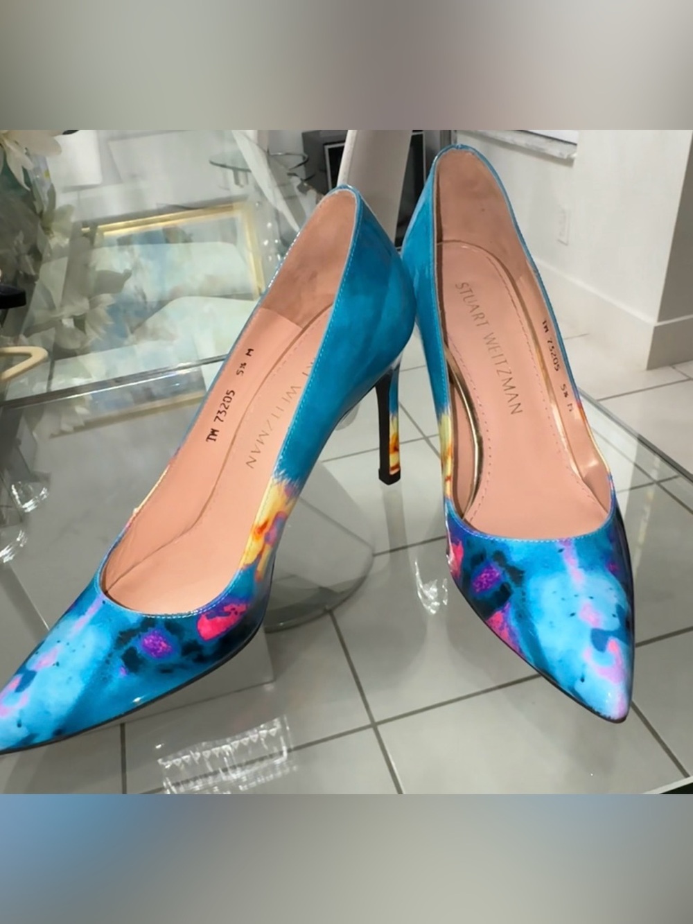 Stuart Weitzman Blue Multicolor Floral Patent Pointed-Toe Pumps